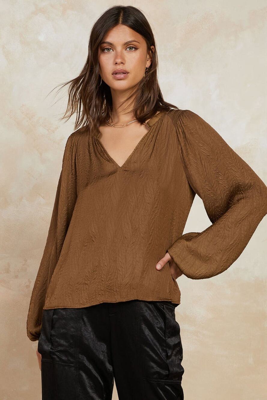 Current Air Anthropologie Crinkle Texture Long Sleeve Blouse Size M Brown V-Neck